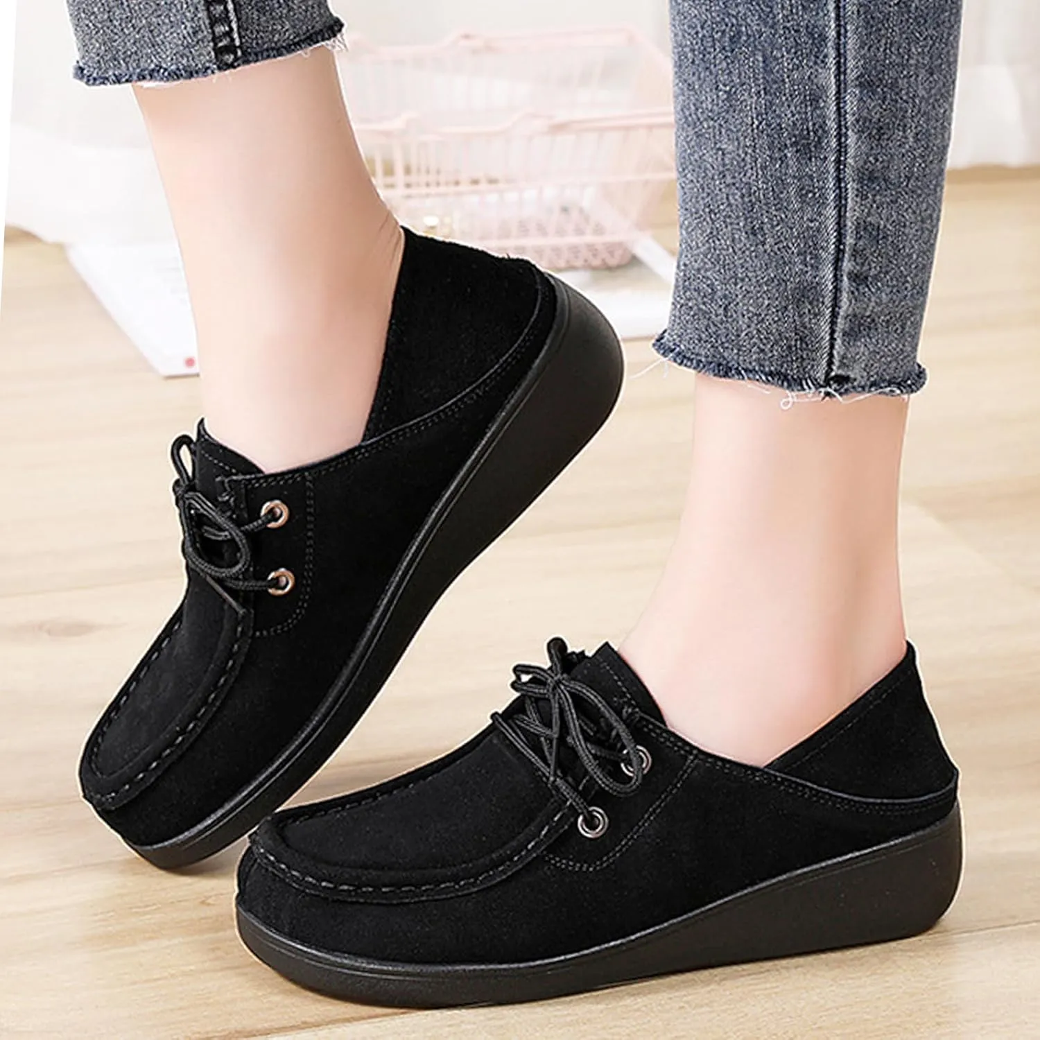 Aceptolcom Women's Suede Wedge Loafers Slip On Comfortable Penny Loafers Thick Soft Platform Shoes Business Work Walking