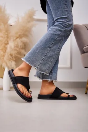 BLACK FLAT TOE LOOP WITH METAL DETAIL SLIP ON LOW PLATFORM SANDALS SLIDES