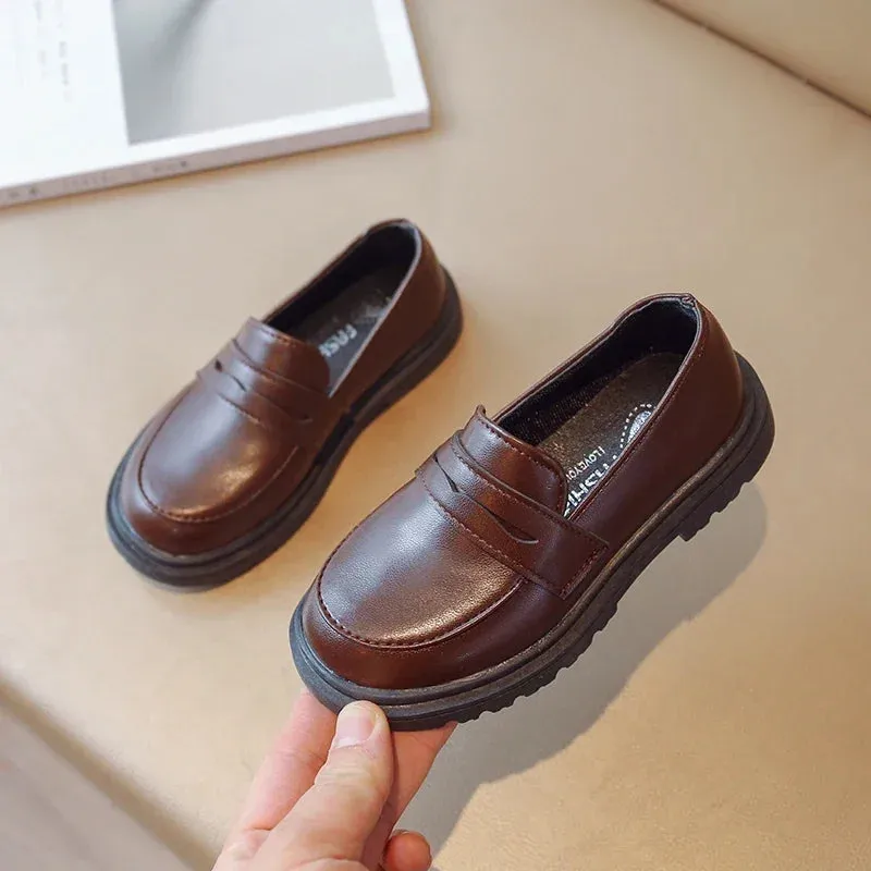 Britain Style Children's Leather Shoes for Boys 2024 Spring New Girls Retro Black Single Shoes Soft Moccasin Shoes for Children