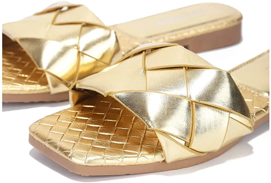 Cape Robbin Deja Woven Mules Slip On Flat Slides Sandals Gold (11, GOLD)