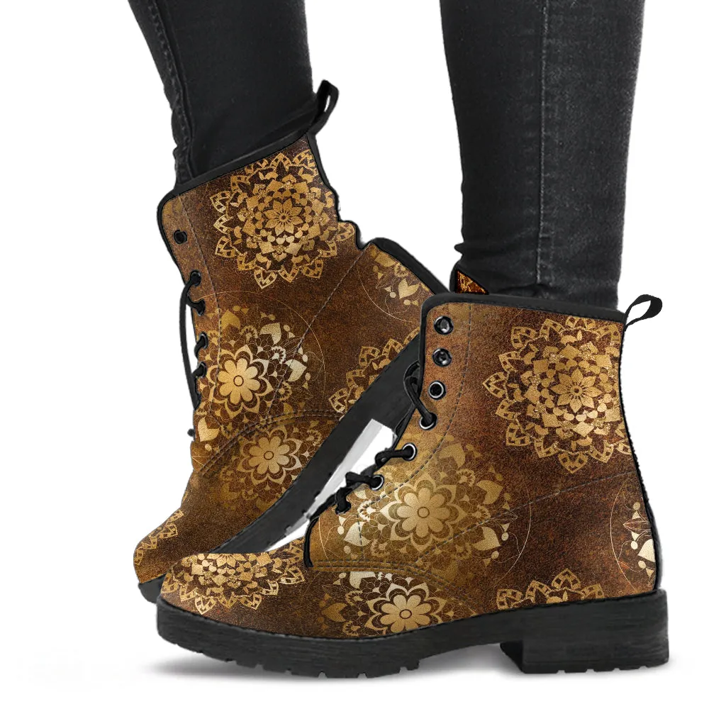 Combat Boots - Brown Mandala Boots | Brown Lace Up Boots Women, Handmade Lace Up Boots, Cool Shoes, Custom Shoes, Vegan Shoes, 90s Boots