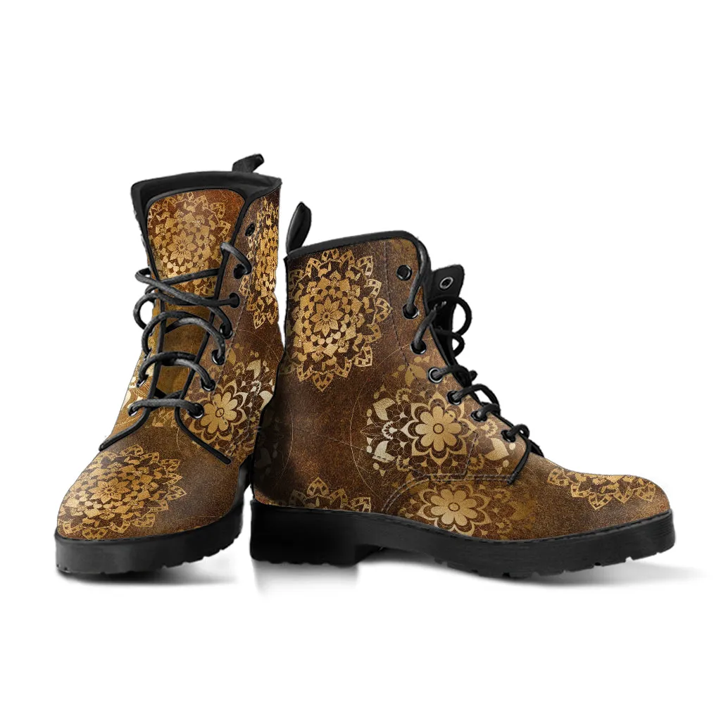 Combat Boots - Brown Mandala Boots | Brown Lace Up Boots Women, Handmade Lace Up Boots, Cool Shoes, Custom Shoes, Vegan Shoes, 90s Boots