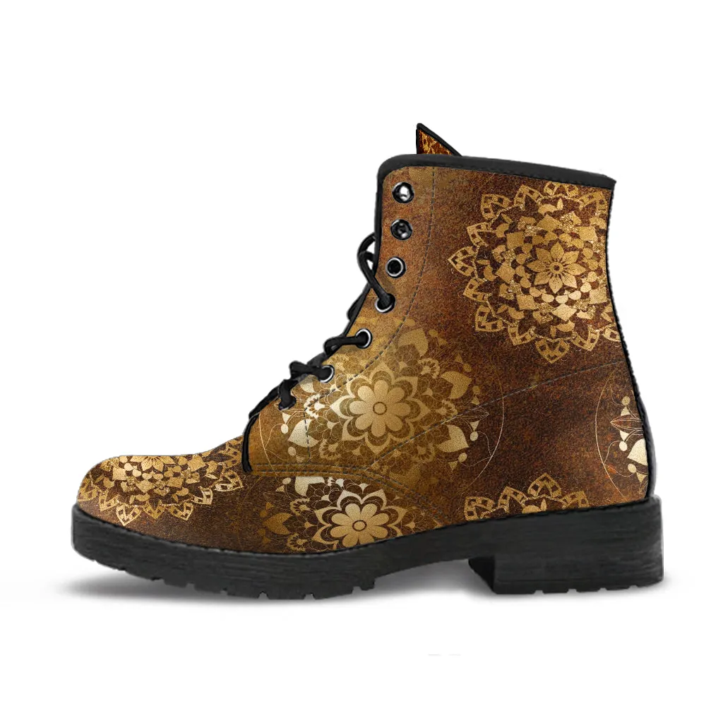 Combat Boots - Brown Mandala Boots | Brown Lace Up Boots Women, Handmade Lace Up Boots, Cool Shoes, Custom Shoes, Vegan Shoes, 90s Boots