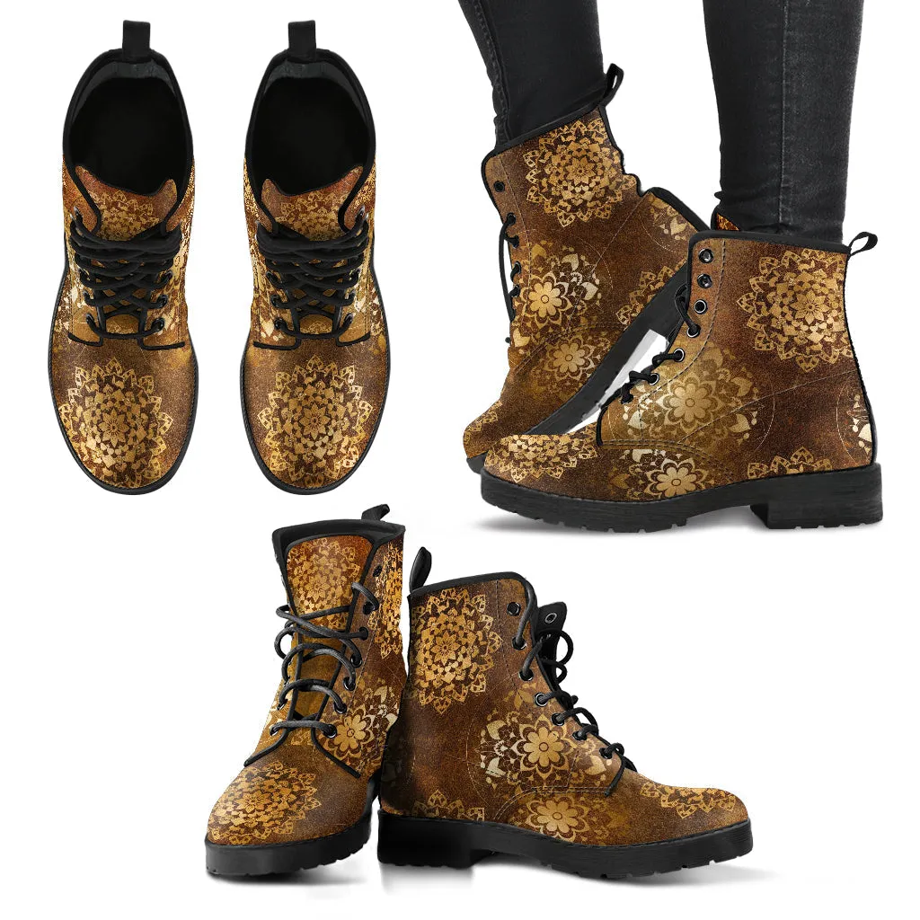 Combat Boots - Brown Mandala Boots | Brown Lace Up Boots Women, Handmade Lace Up Boots, Cool Shoes, Custom Shoes, Vegan Shoes, 90s Boots