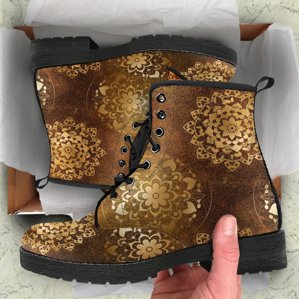 Combat Boots - Brown Mandala Boots | Brown Lace Up Boots Women, Handmade Lace Up Boots, Cool Shoes, Custom Shoes, Vegan Shoes, 90s Boots