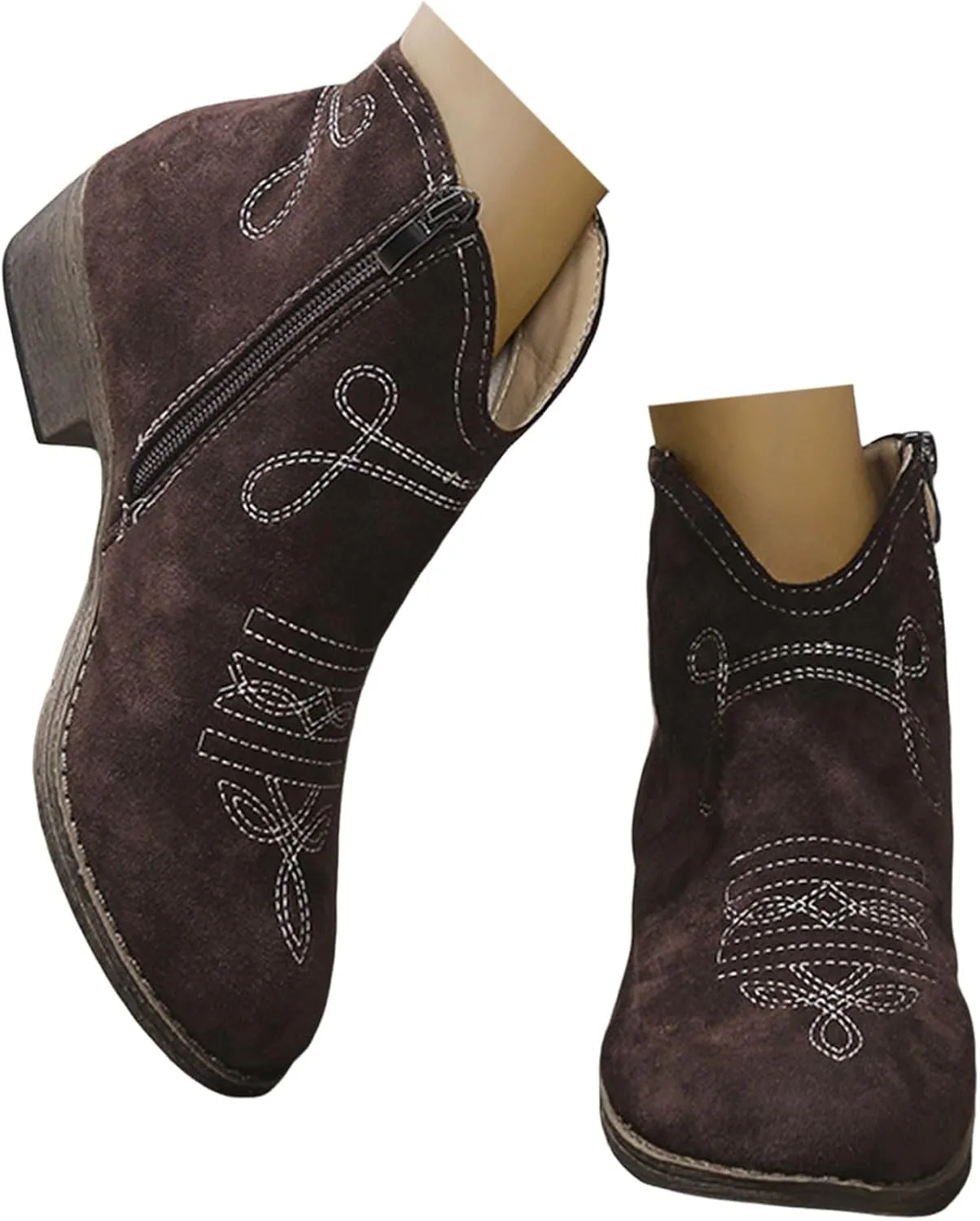 Cowboy Boots for Women Low Heel with Side Zip Western Durable Cowgirl Boots Comfortable Women's Ankle Boots Fashion Booties