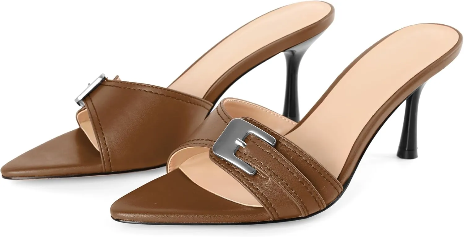 Esvowido Womens Mule Heels Pointed Open Toe Heeled Sandals 2.95 Inch Stiletto Mules with Buckle Work Party Wedding Summer Shoes