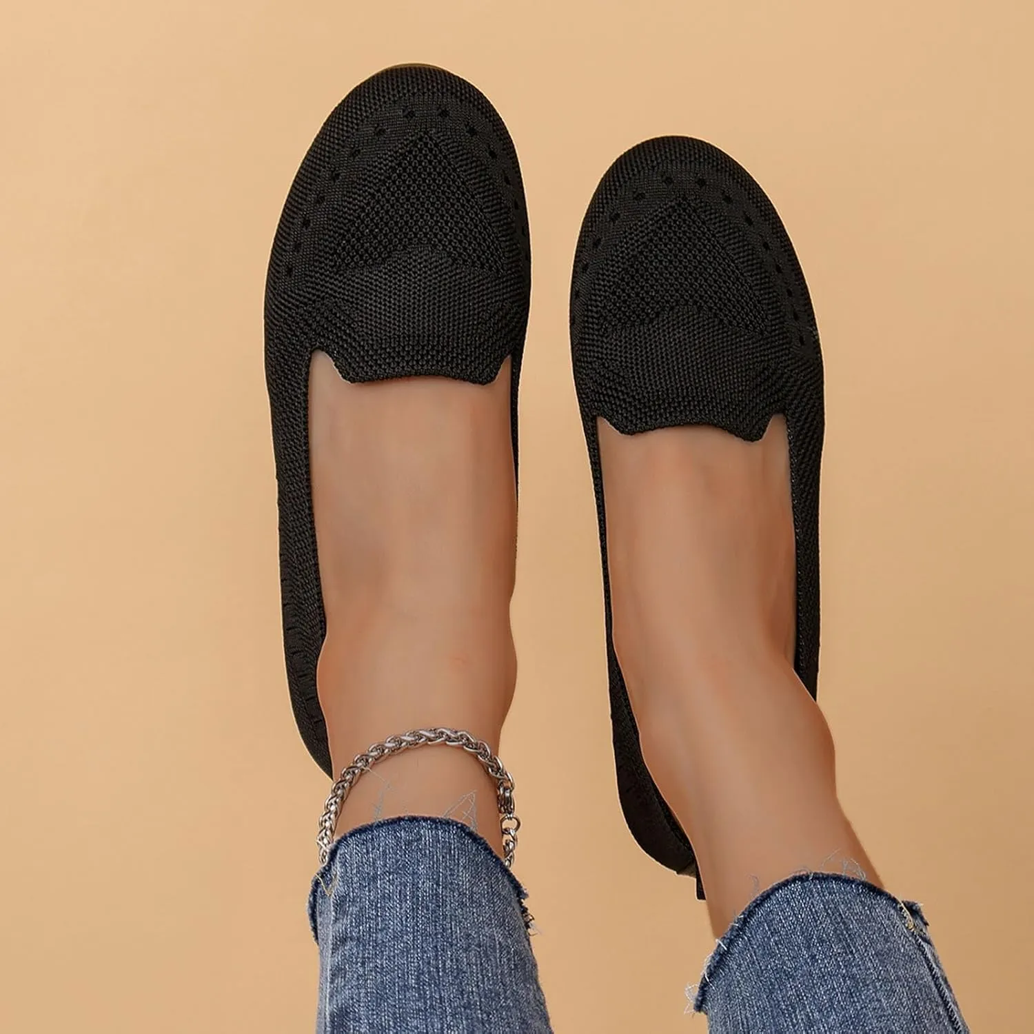 Flat Shoes for Women Dressy Pointed Toe Knit Ballet Comfortable Casual Dress Shoes Ballerina Flats Round Toe Walking Flats Breathable Knitted Office Work Woman Shoes, 6.5, Black #8
