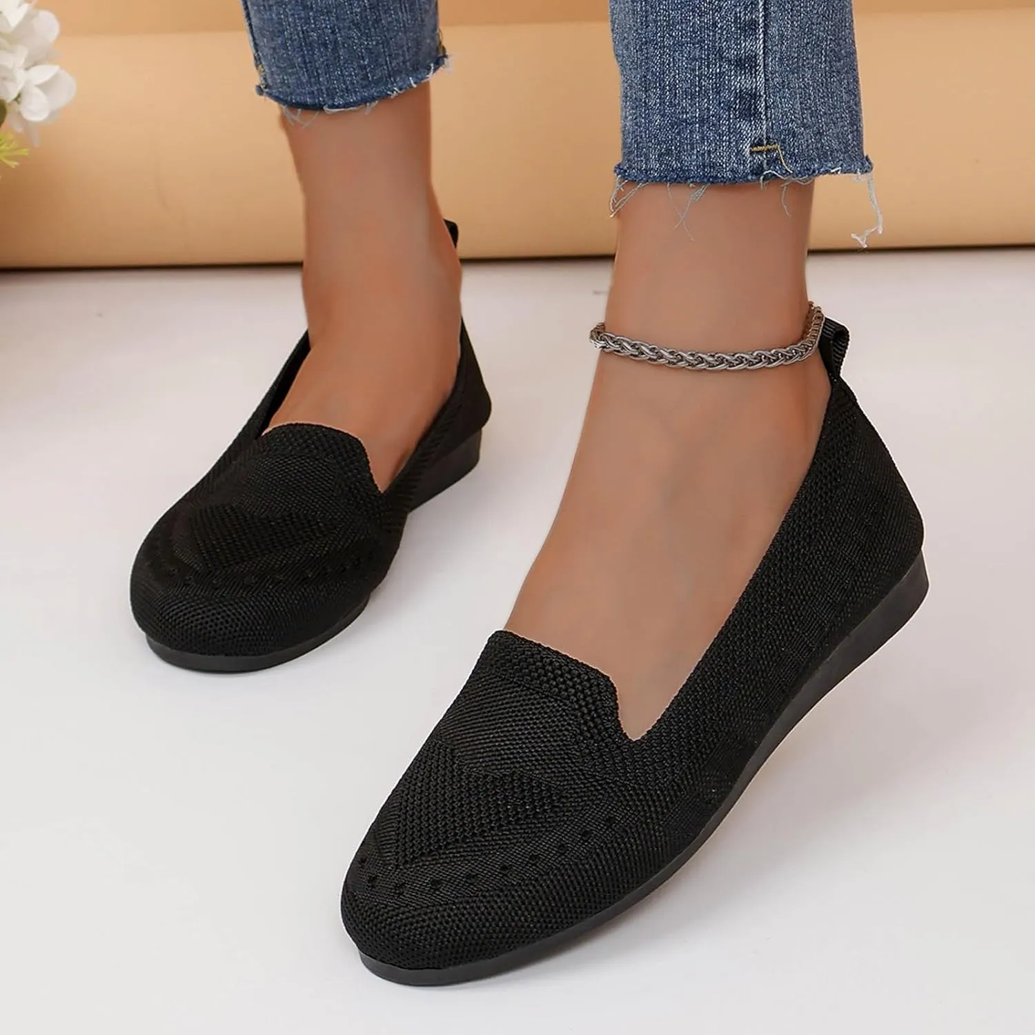 Flat Shoes for Women Dressy Pointed Toe Knit Ballet Comfortable Casual Dress Shoes Ballerina Flats Round Toe Walking Flats Breathable Knitted Office Work Woman Shoes, 6.5, Black #8