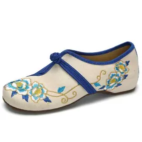 Flower Embroidered Round Toe Buckle Folk Casual Flat Shoes