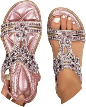 Glitter Sandals Women's Summer Elegant Flat Beach Shoes Girls Summer Shoes Women Comfortable Soft Wide Foot Bohemian Sandals for Women