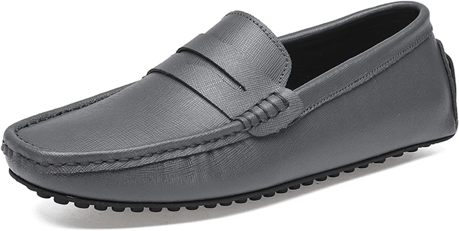 HOOENG Smoking Loafer for Men Genuine Leather Stitching Details Penny Loafer Flexible Resistant Soft Driving Slip on (Color : Grey, Size : 8.5)