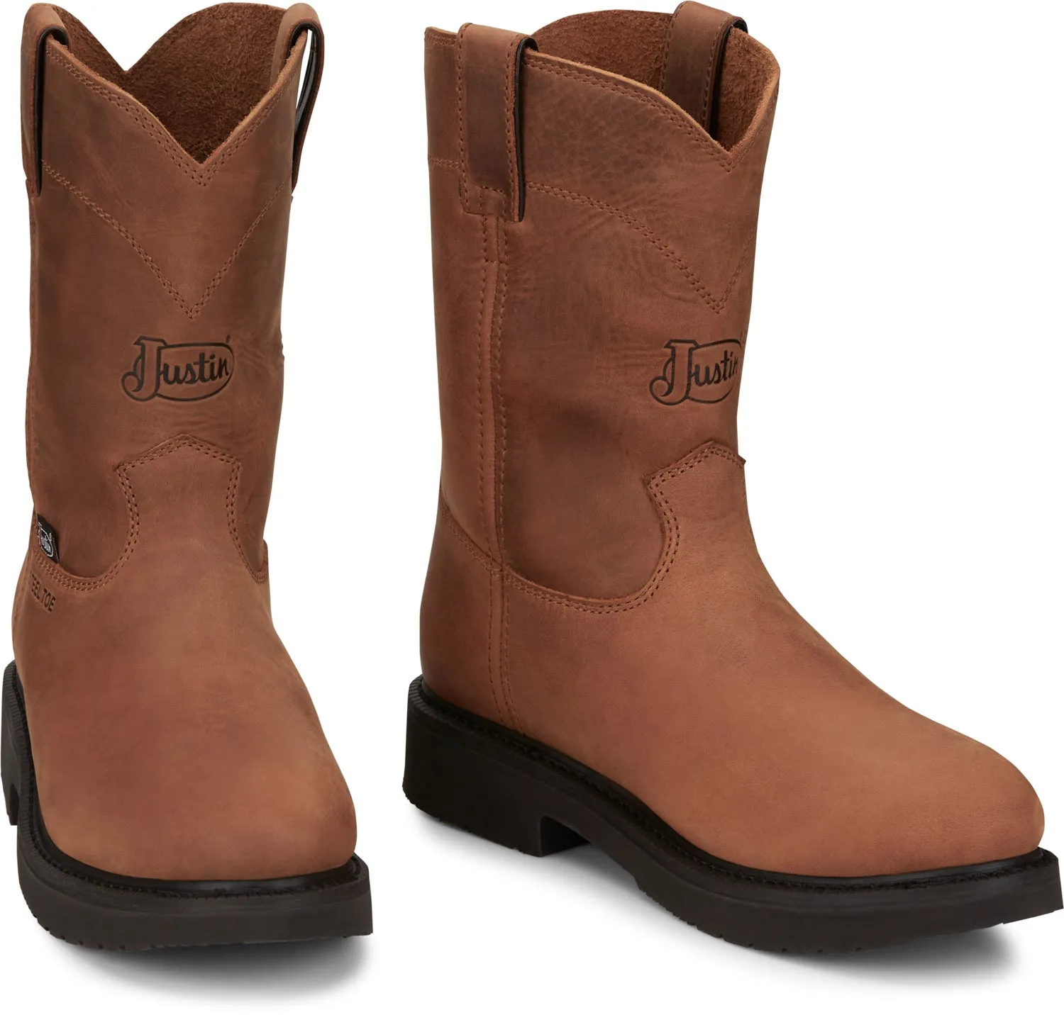 Justin Mens Round-Up Aged Bark Brown Leather Work Boots 8.5 EE