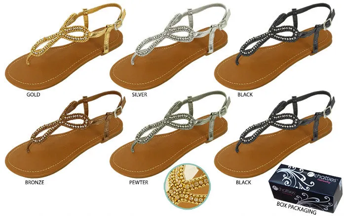 ladies boxed metallic sandals with rhinestones & beads Case of 36
