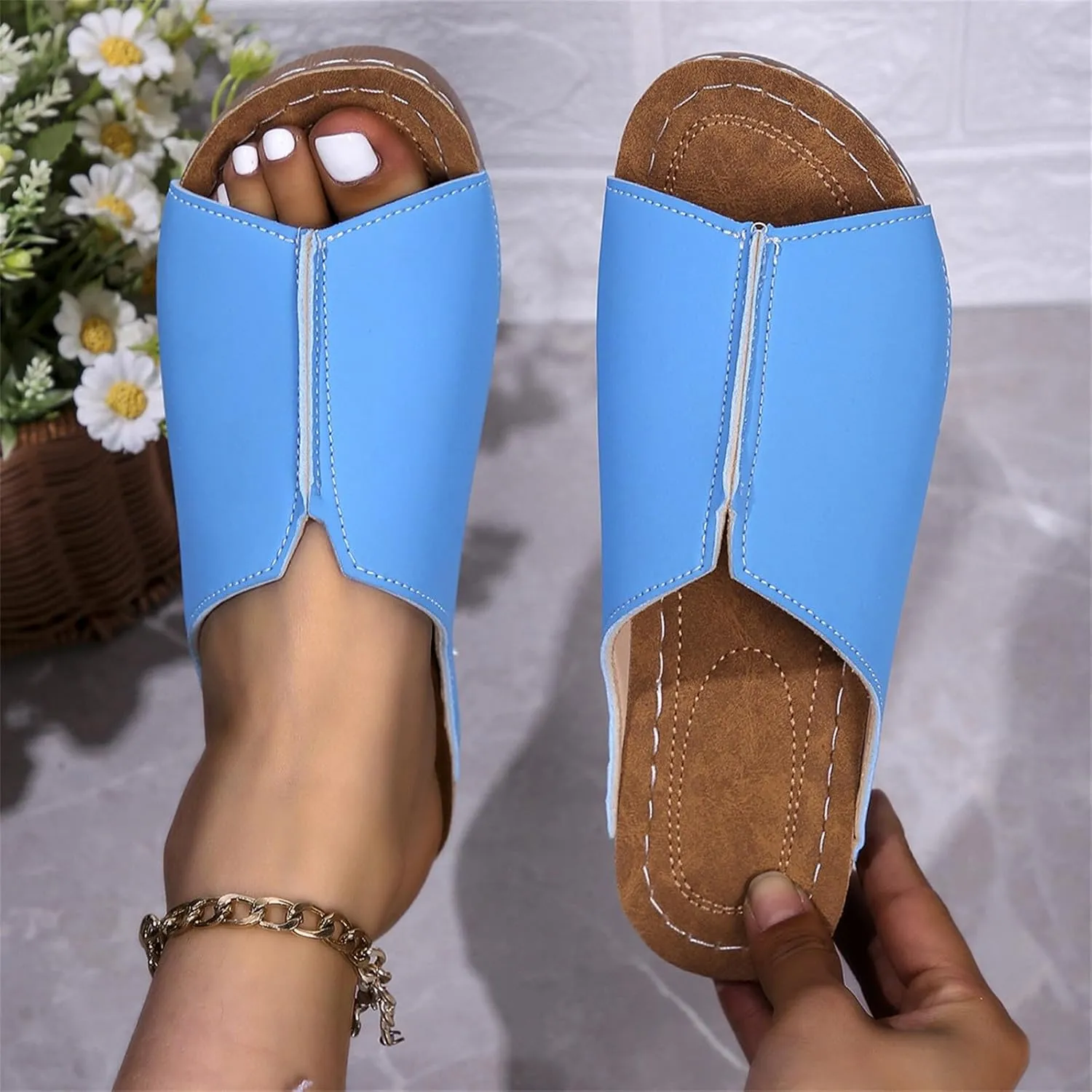 Leather Wedge Sandals for Women Arch Support Summer Slip On Orthopedic Sandals Comfortable Wide Width House Slippers Fish Mouth Beach Slippers