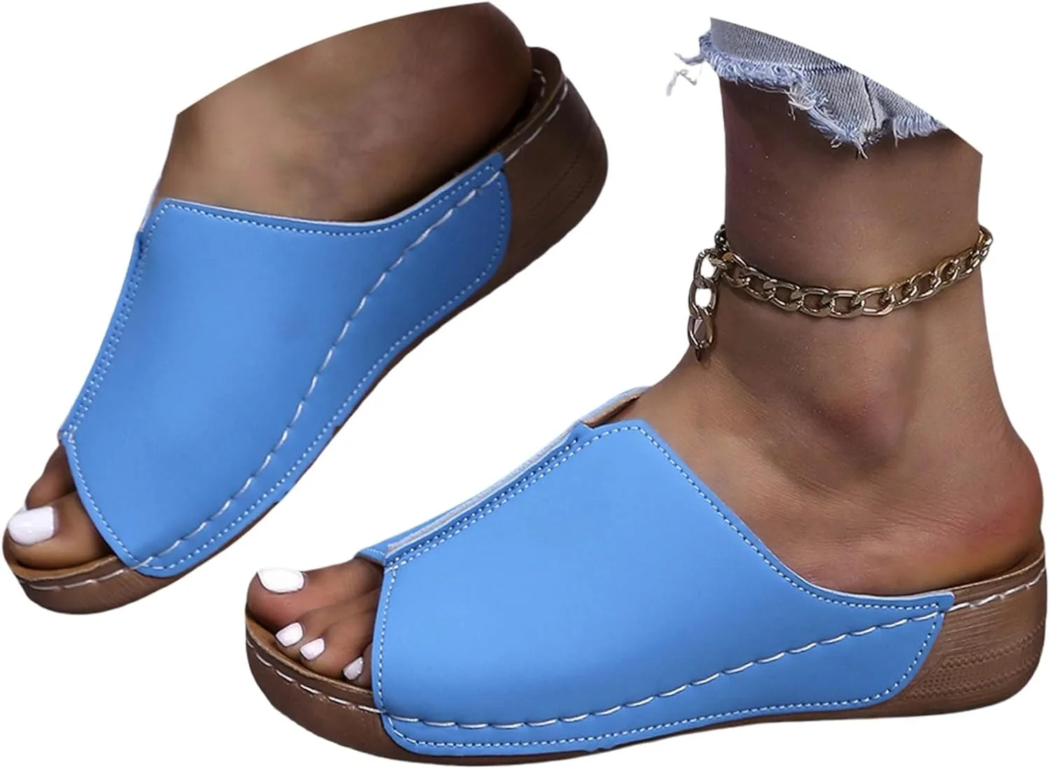 Leather Wedge Sandals for Women Arch Support Summer Slip On Orthopedic Sandals Comfortable Wide Width House Slippers Fish Mouth Beach Slippers
