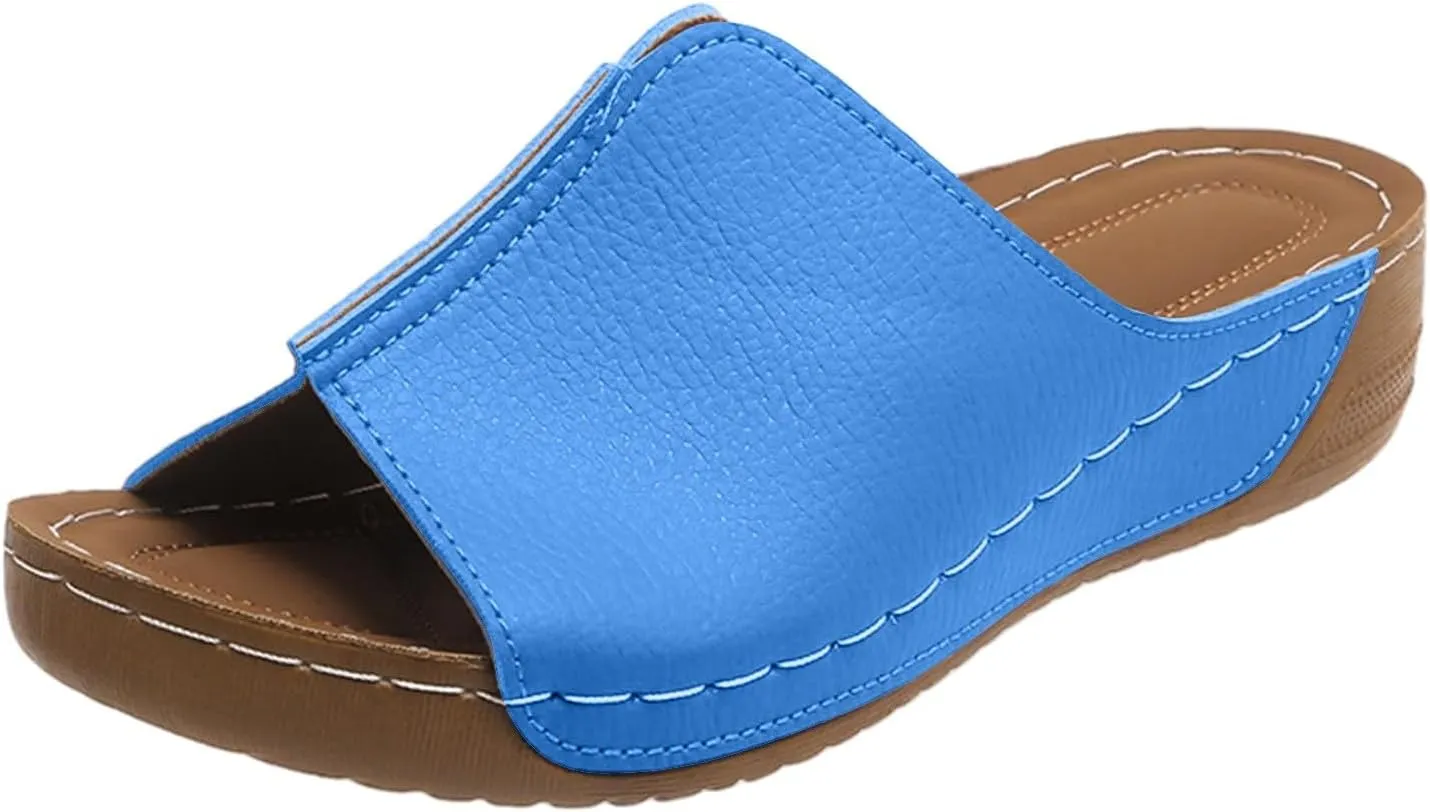 Leather Wedge Sandals for Women Arch Support Summer Slip On Orthopedic Sandals Comfortable Wide Width House Slippers Fish Mouth Beach Slippers