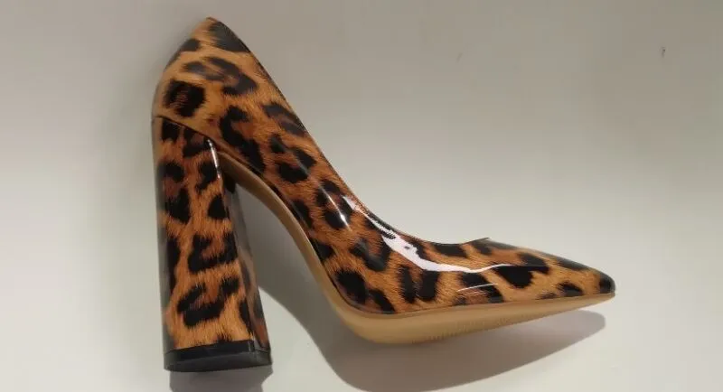Leopard Pointed Toe Chunky Heel Pumps Slip On Shoes