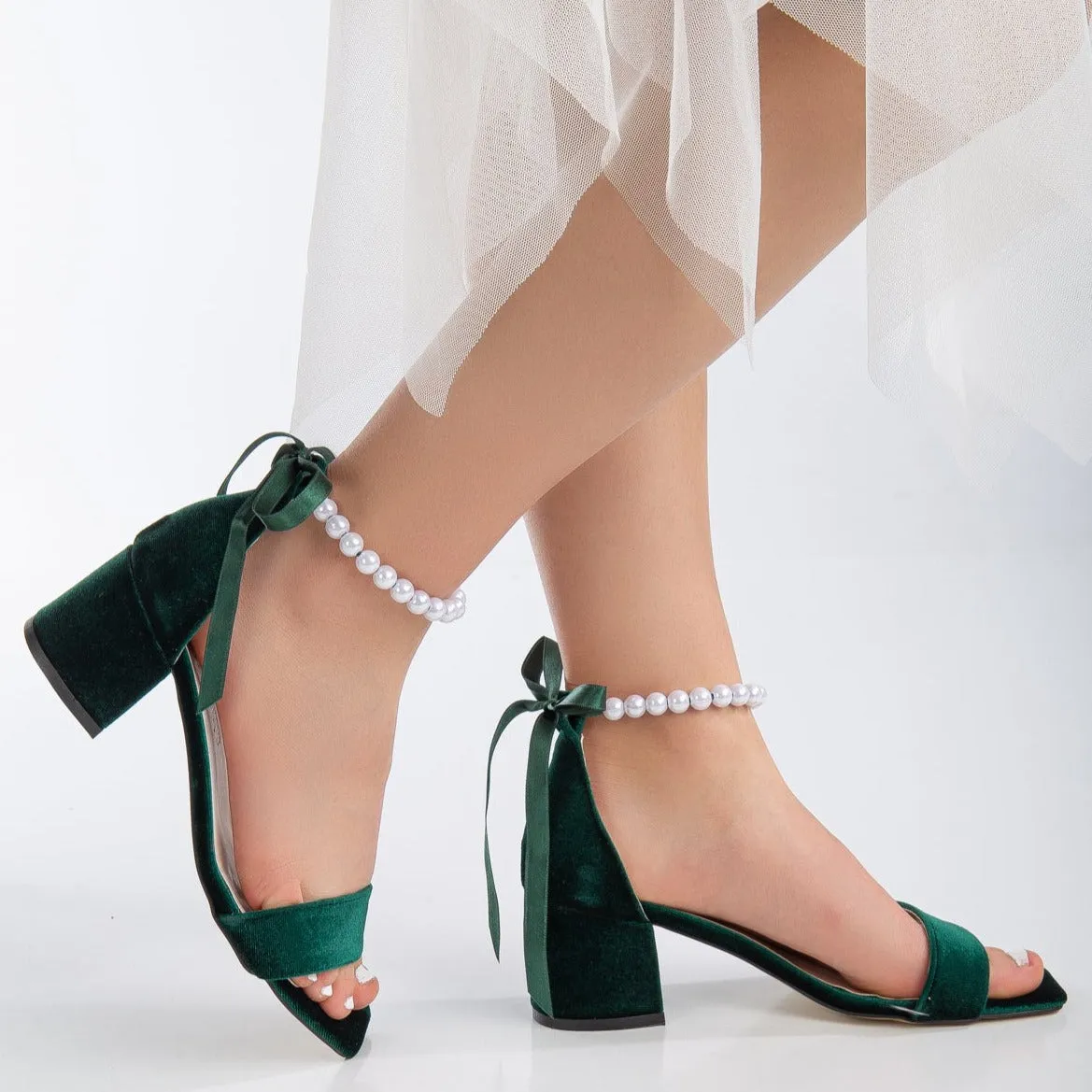 Lucille - Green Velvet Pearl Wedding Sandals