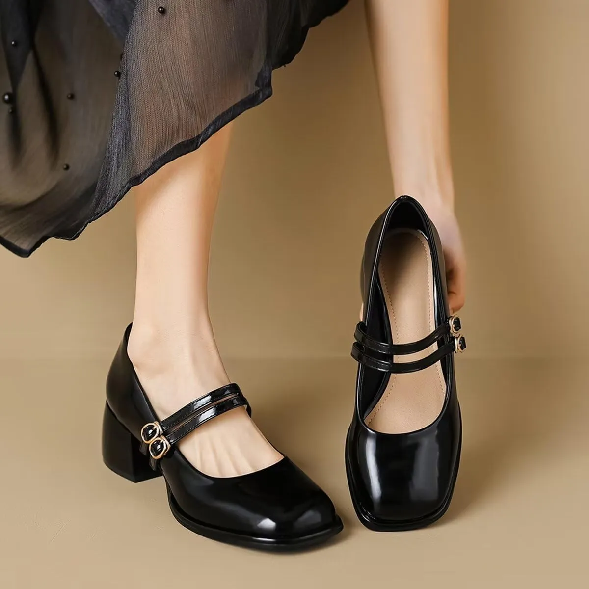 LUXINYU Women Square Toe Heels Pearl Elegant Ladies Pumps Heeled Dress Shoes Comfort Work Shoes