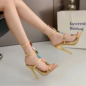 Luxury Colorful Pearl Decoration Peep Toe Buckle Strap 11Cm Thin High Heel High Heel