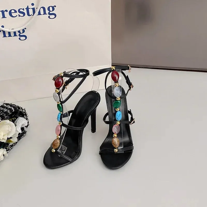 Luxury Colorful Pearl Decoration Peep Toe Buckle Strap 11Cm Thin High Heel High Heel