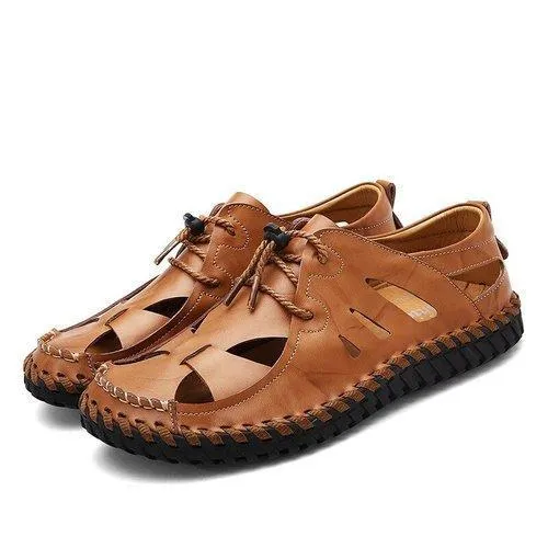 Men Hand Stitching Leather Sandals Soft Hole Breathable Casual Shoes