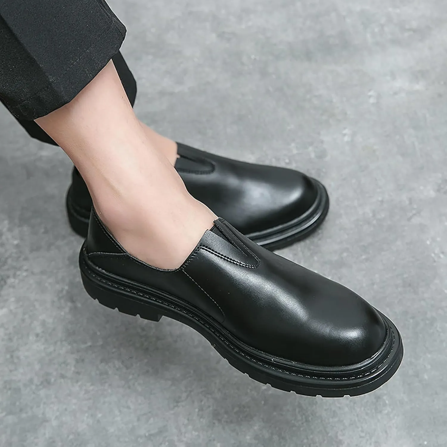 Men's Chunky Heel Lug Sole Slip-on Loafers,Comfort Soft Moccasin Lightweight Driving Walking Penny Shoes Casual Dressy Office Work Shoes