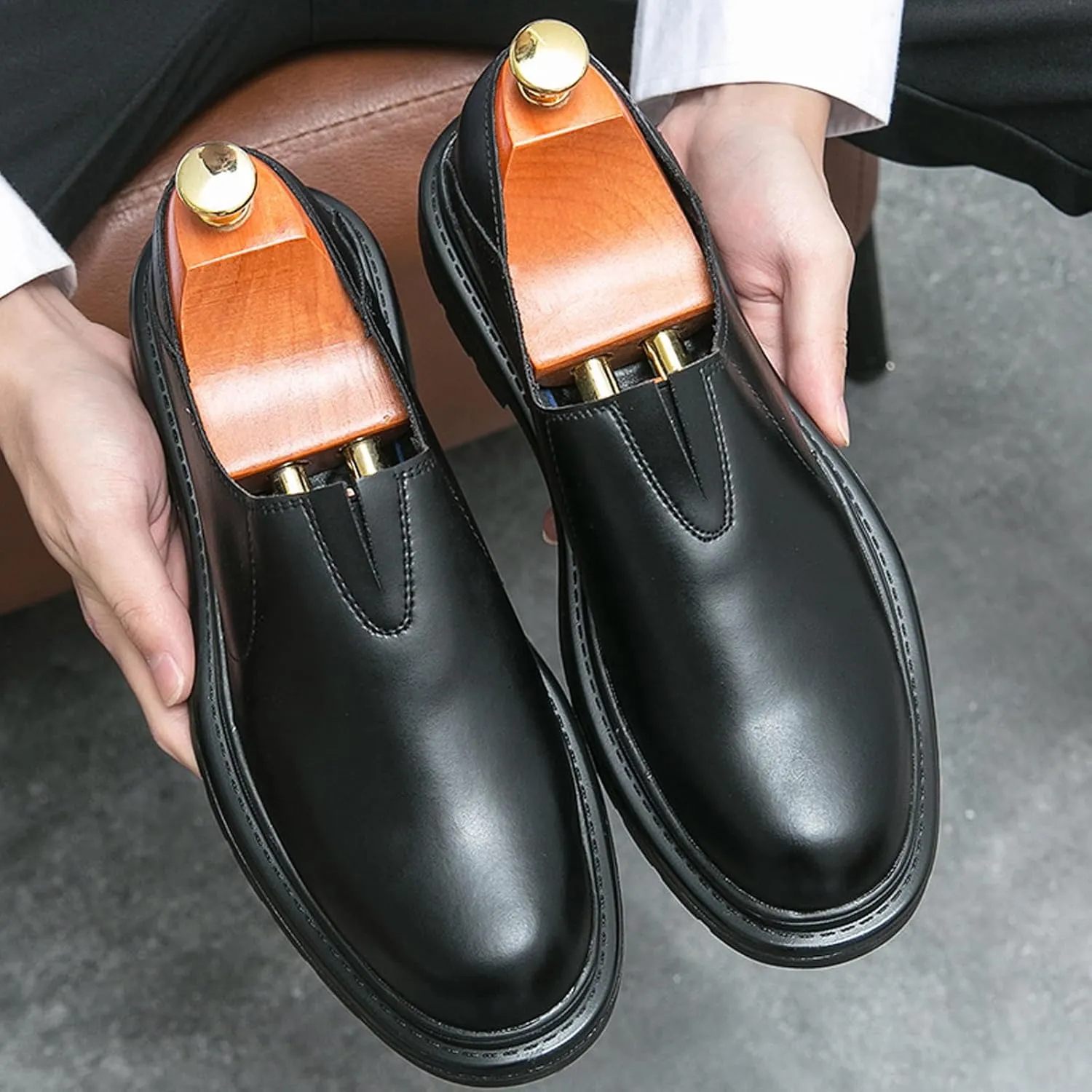 Men's Chunky Heel Lug Sole Slip-on Loafers,Comfort Soft Moccasin Lightweight Driving Walking Penny Shoes Casual Dressy Office Work Shoes