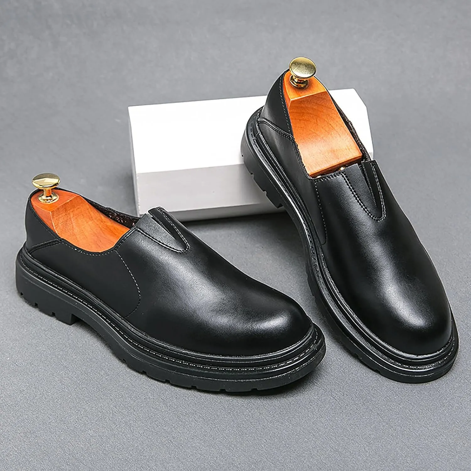 Men's Chunky Heel Lug Sole Slip-on Loafers,Comfort Soft Moccasin Lightweight Driving Walking Penny Shoes Casual Dressy Office Work Shoes