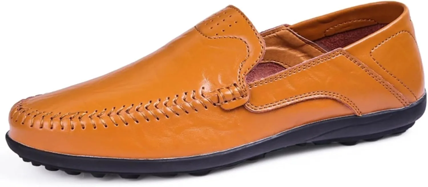 Mens Handmade Leather Slip-On Loafers Casual Round Toe Flat Penny Loafers Soft Breathable Driving Walking Boat Shoes