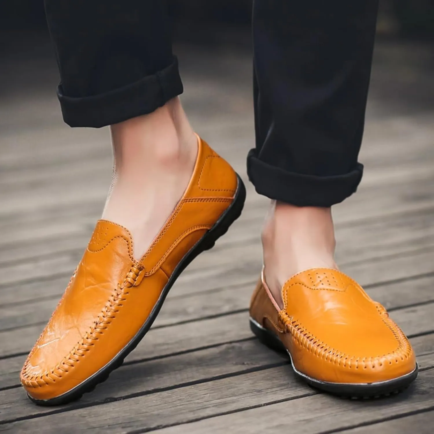 Mens Handmade Leather Slip-On Loafers Casual Round Toe Flat Penny Loafers Soft Breathable Driving Walking Boat Shoes