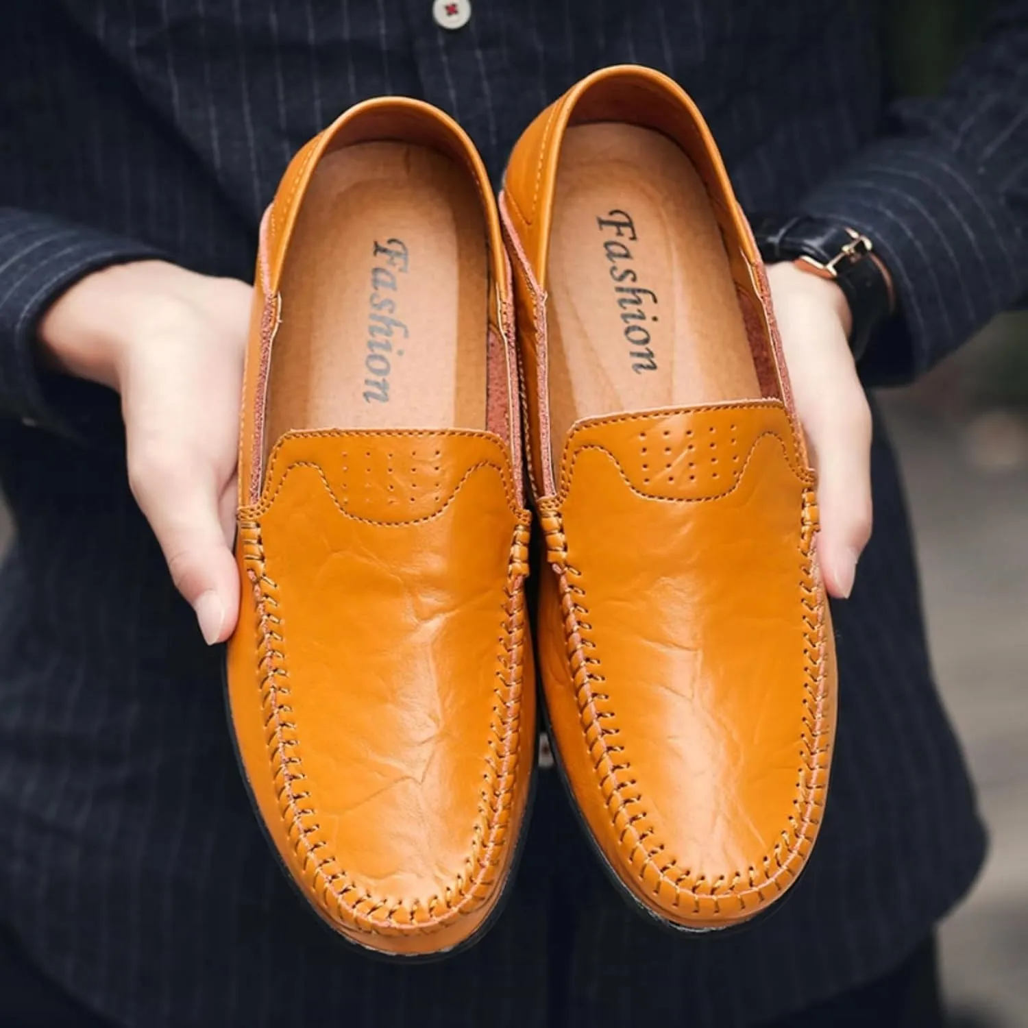 Mens Handmade Leather Slip-On Loafers Casual Round Toe Flat Penny Loafers Soft Breathable Driving Walking Boat Shoes