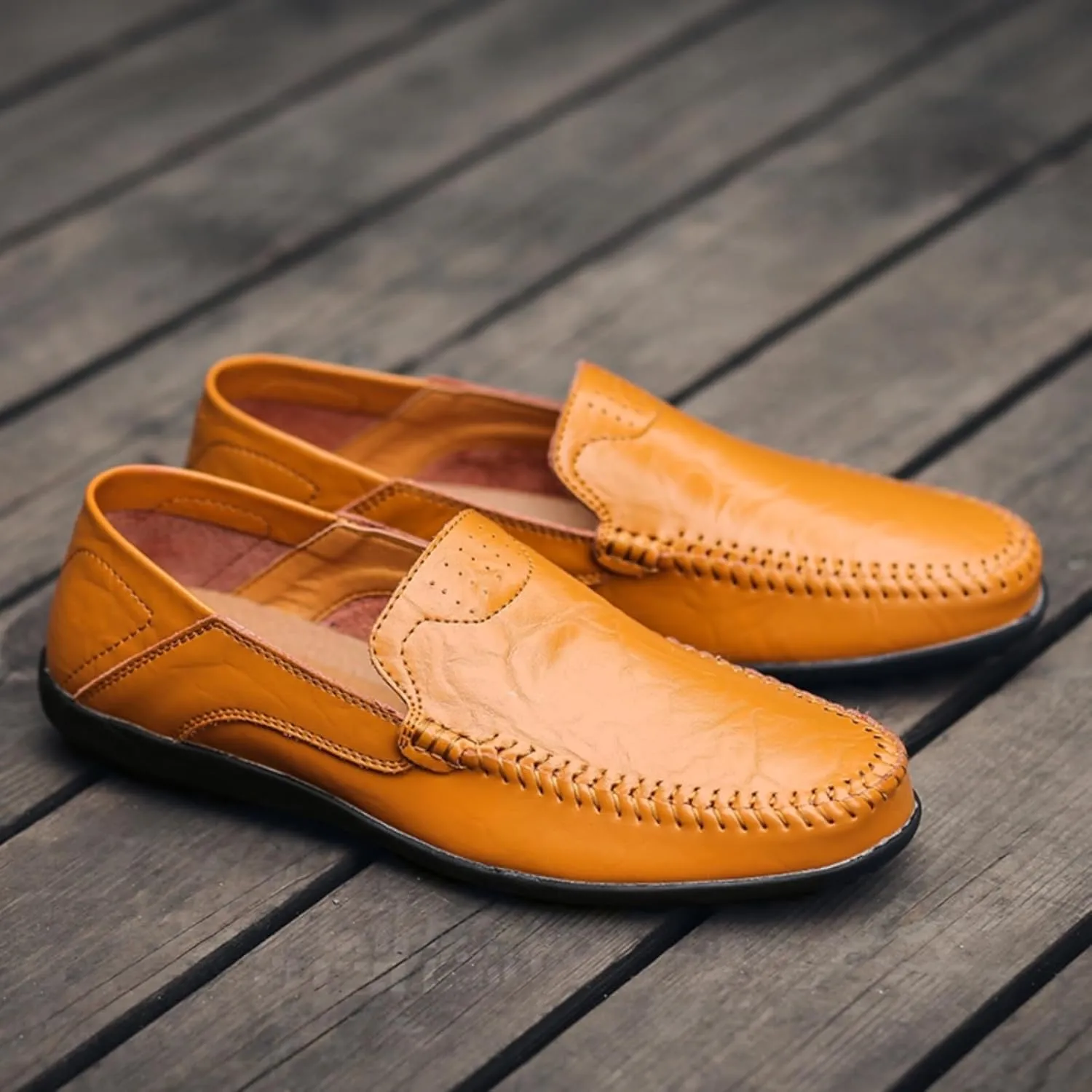 Mens Handmade Leather Slip-On Loafers Casual Round Toe Flat Penny Loafers Soft Breathable Driving Walking Boat Shoes