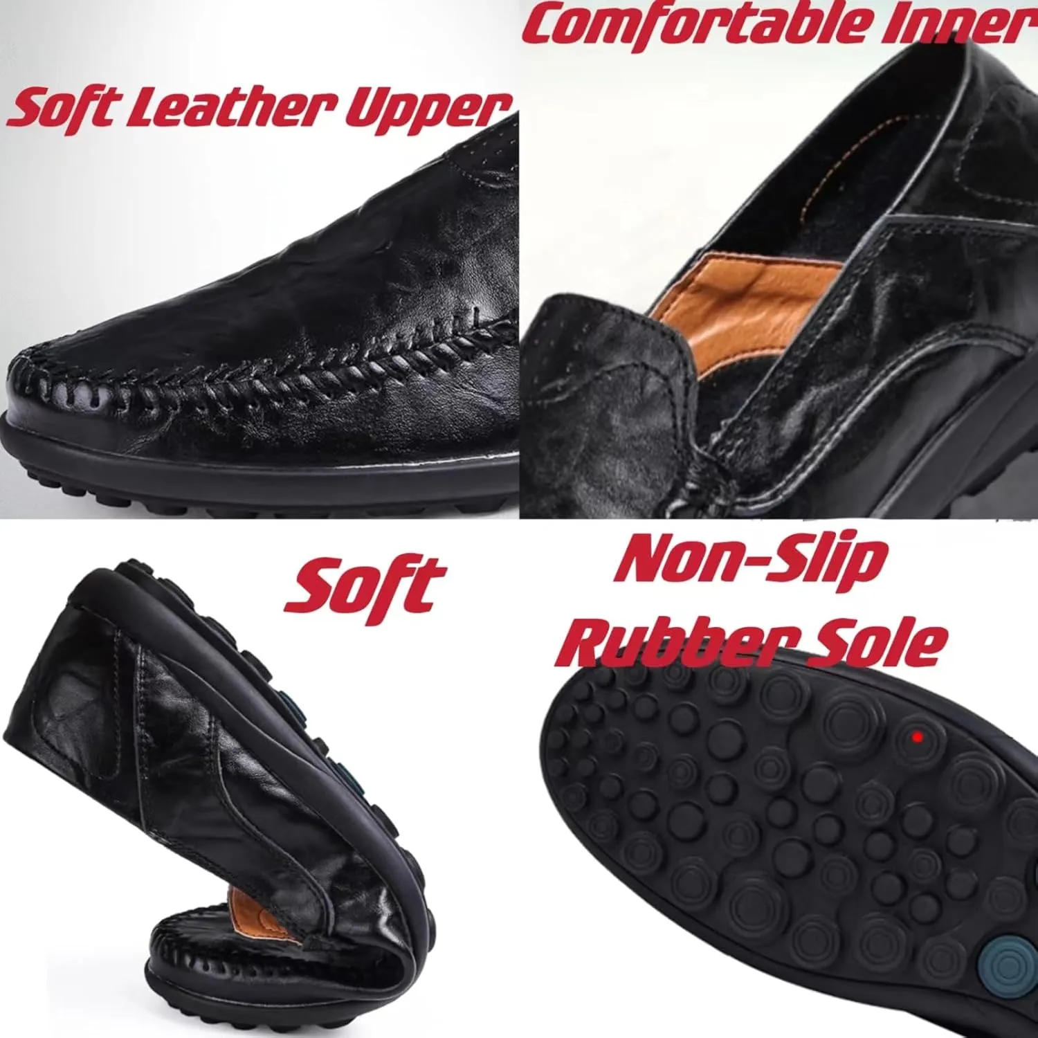 Mens Handmade Leather Slip-On Loafers Casual Round Toe Flat Penny Loafers Soft Breathable Driving Walking Boat Shoes
