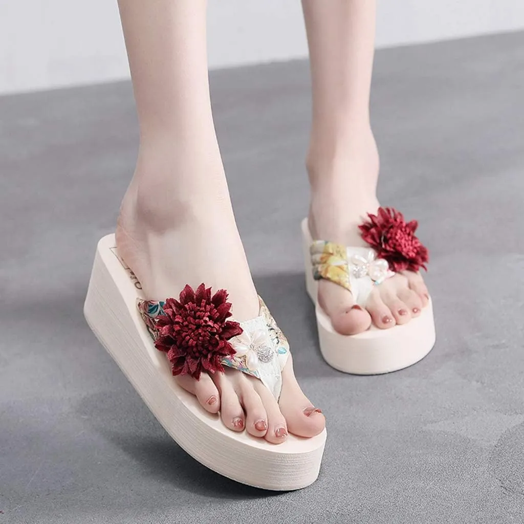 MIOKE Women's Flower Wedge High Heel Flipflops Summer Platform Comfort Anti-slip EVA Beach Thong Sandals