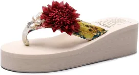 MIOKE Women's Flower Wedge High Heel Flipflops Summer Platform Comfort Anti-slip EVA Beach Thong Sandals