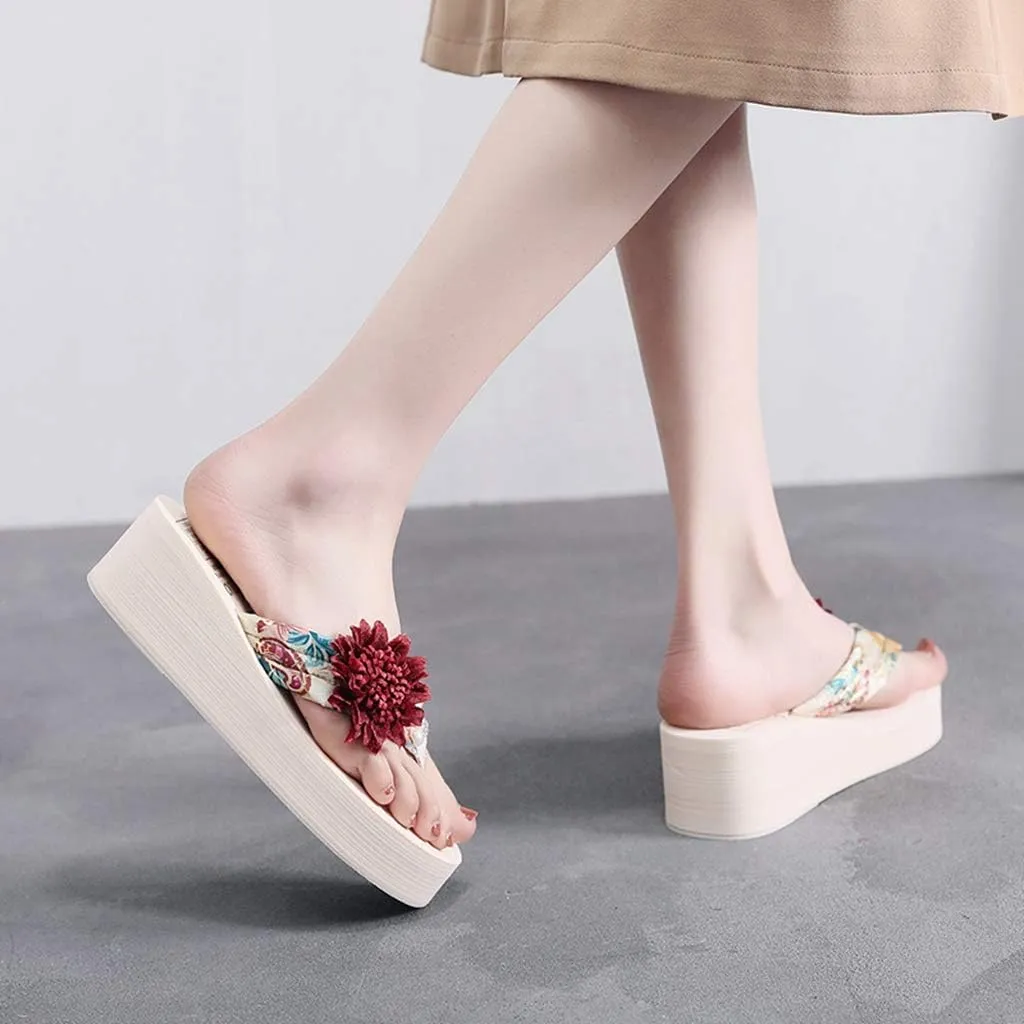 MIOKE Women's Flower Wedge High Heel Flipflops Summer Platform Comfort Anti-slip EVA Beach Thong Sandals