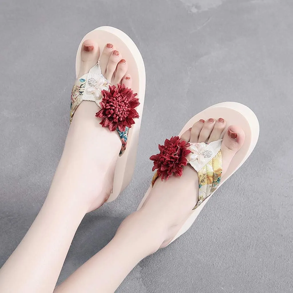 MIOKE Women's Flower Wedge High Heel Flipflops Summer Platform Comfort Anti-slip EVA Beach Thong Sandals