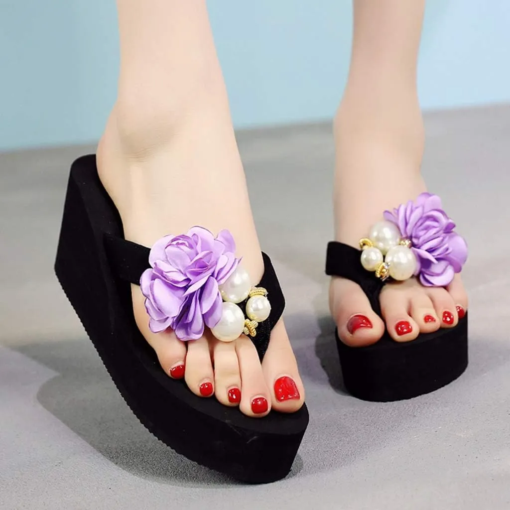 MIOKE Women's Flower Wedge Platform Flip Flops Summer Bohemia Comfy Nonslip High Heel Beach Thong Sandals