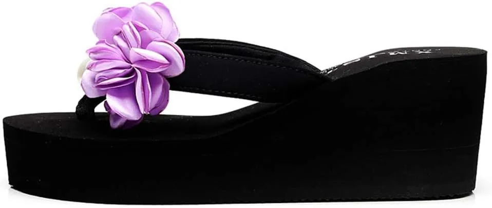 MIOKE Women's Flower Wedge Platform Flip Flops Summer Bohemia Comfy Nonslip High Heel Beach Thong Sandals