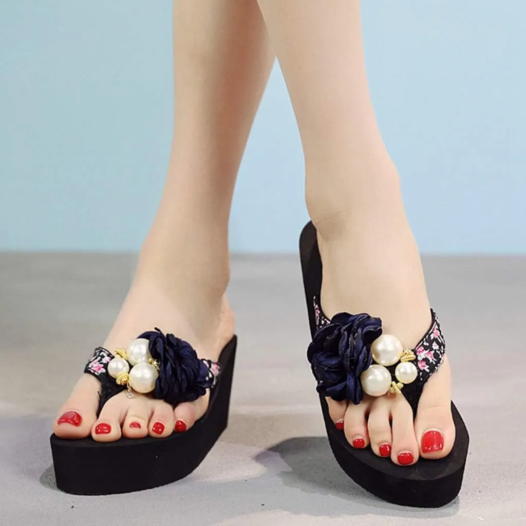 MIOKE Women's Flower Wedge Platform Flip Flops Summer Bohemia Comfy Nonslip High Heel Beach Thong Sandals