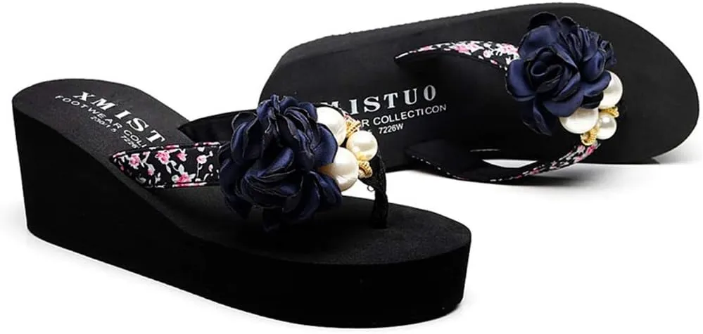 MIOKE Women's Flower Wedge Platform Flip Flops Summer Bohemia Comfy Nonslip High Heel Beach Thong Sandals