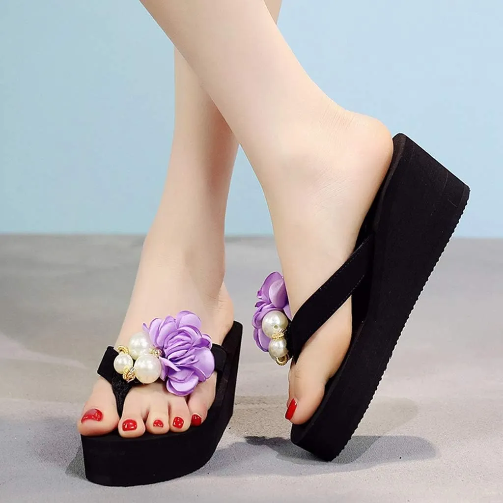 MIOKE Women's Flower Wedge Platform Flip Flops Summer Bohemia Comfy Nonslip High Heel Beach Thong Sandals