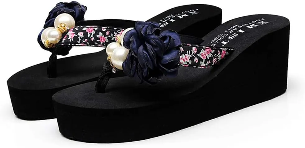 MIOKE Women's Flower Wedge Platform Flip Flops Summer Bohemia Comfy Nonslip High Heel Beach Thong Sandals
