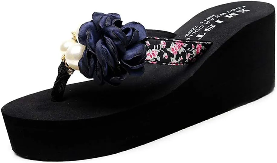 MIOKE Women's Flower Wedge Platform Flip Flops Summer Bohemia Comfy Nonslip High Heel Beach Thong Sandals