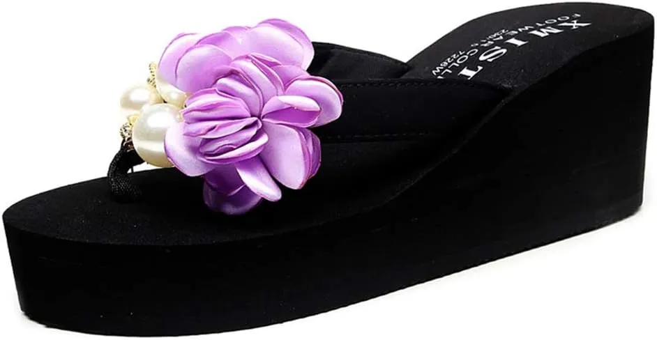 MIOKE Women's Flower Wedge Platform Flip Flops Summer Bohemia Comfy Nonslip High Heel Beach Thong Sandals