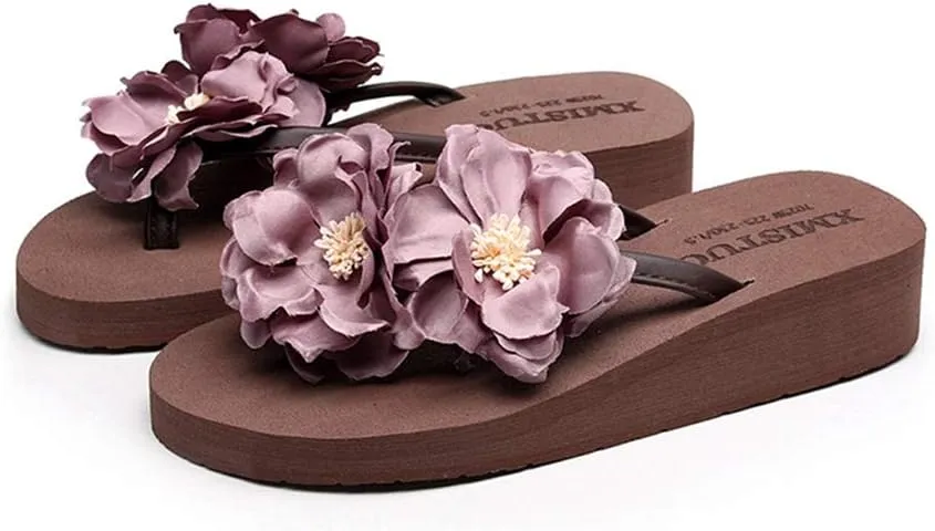 MIOKE Women's Flowers Low Wedge Flip Flops Summer Platform Comfort Anti-Slip Floral Beach Thong Sandals