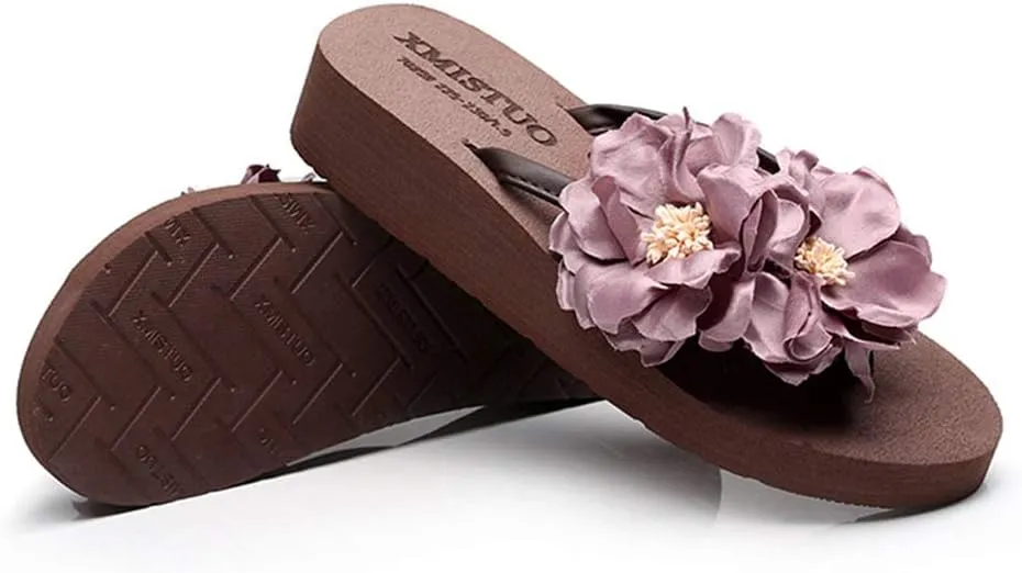 MIOKE Women's Flowers Low Wedge Flip Flops Summer Platform Comfort Anti-Slip Floral Beach Thong Sandals