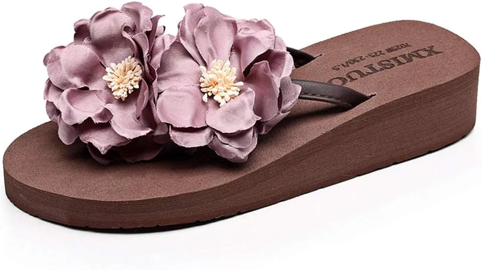 MIOKE Women's Flowers Low Wedge Flip Flops Summer Platform Comfort Anti-Slip Floral Beach Thong Sandals